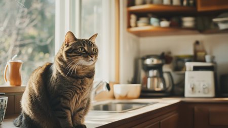 A large cat sitting at its food station, eating heartily with a content expression, surrounded by a tidy, modern kitchen setting to highlight its size.の素材