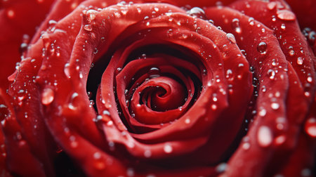 A macro shot capturing the spiral center of a red rose, with water droplets glistening on the tightly curled petals, symbolizing passion and beauty.の素材