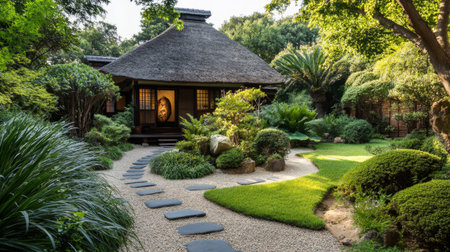 A picturesque scene of a Japanese-style house with a traditional thatched roof, nestled in a lush, landscaped garden with a stone path leading to the entrance.の素材