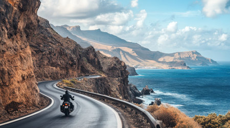 A motorcyclist riding along a winding coastal road, with the ocean on one side and steep cliffs on the other, capturing a sense of adventure.の素材