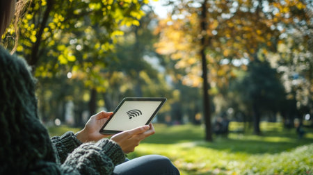 A person using a tablet in a park with visible Wi-Fi signal strength on the screen, showcasing seamless wireless communication in an outdoor setting.の素材