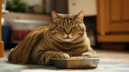 A large, content cat sitting comfortably while eating from a food bowl, with a clear view of its round body and relaxed demeanor in a clean, well-lit space.の素材