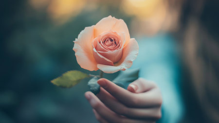 A person holding a single, beautifully bloomed rose, with a focus on the flower and a soft, blurred background that enhances its elegance.の素材