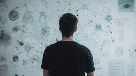 A person standing in front of a wall with a mind map, using markers to connect different concepts, emphasizing strategic thinking and idea organization.の素材