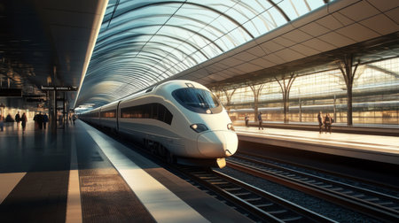 A modern high-speed train pulling into a futuristic station, with passengers waiting on the platform under a glass roof.の素材