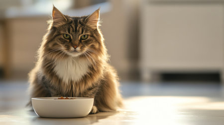 A large, fluffy cat sitting contentedly in front of its food bowl, with its rounded body and focused expression on the meal, set against a clean, well-lit background.の素材