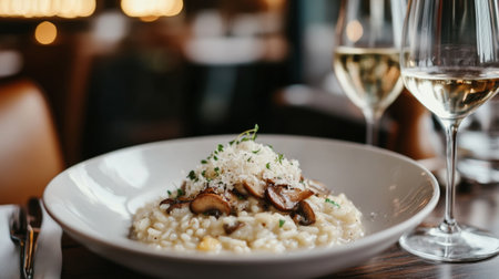 A plate of creamy risotto with mushrooms and Parmesan cheese, elegantly garnished with herbs and served with a glass of white wine, set in a stylish dining setting.の素材