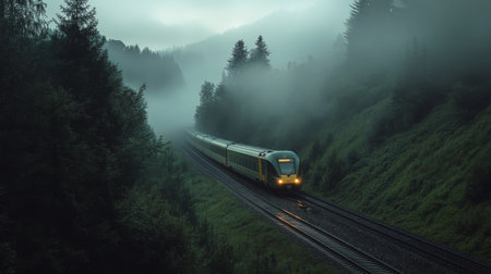 A high-speed train emerging from a foggy forest, with mist surrounding the tracks and creating a mysterious atmosphere.の素材