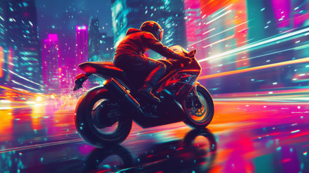 A motorcyclist riding through a bustling city at night, with neon lights reflecting off the bike and creating a vibrant urban atmosphere.の素材
