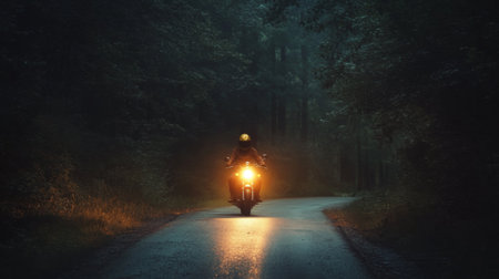 A nighttime shot of a motorcycle with its headlights on, illuminating a narrow, winding road in the middle of a dense forestの素材