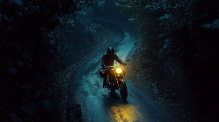 A nighttime shot of a motorcycle with its headlights on, illuminating a narrow, winding road in the middle of a dense forestの素材