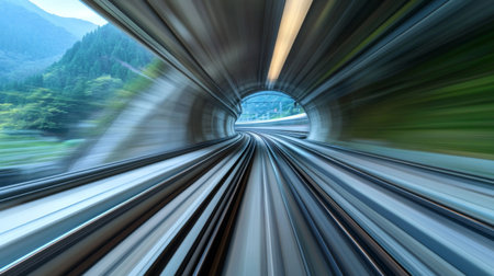 A high-speed train at full speed, passing through a tunnel in a mountainous region, with blurred motion capturing the sense of speed.の素材