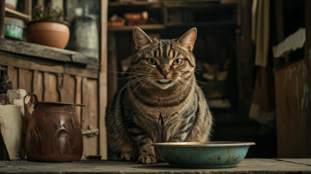 A large cat with a full belly sitting at a feeding station, eating from a bowl with a satisfied expression, surrounded by a cozy, homey environment.の素材