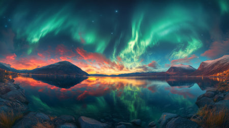 A panoramic view of the Northern Lights over a picturesque fjord, with dramatic auroras swirling in the sky and reflecting in the tranquil waters below.の素材