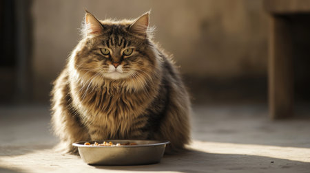A large, fluffy cat sitting contentedly in front of its food bowl, with its rounded body and focused expression on the meal, set against a clean, well-lit background.の素材