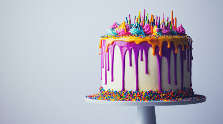 A modern drip cake with a colorful ganache drip and sprinkles, set against a plain white background to highlight the cake's fun and contemporary design.の素材
