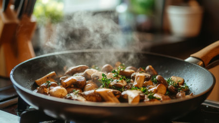 A rustic scene of mushrooms being saut in a pan with herbs and garlic, with steam rising and a cozy kitchen environment in the background.の素材