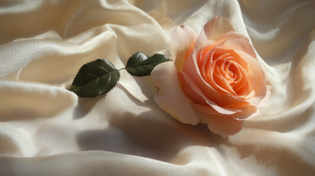 A romantic setting with a rose placed on a soft, textured fabric, capturing the flower elegance and adding a touch of sophistication to the sceneの素材