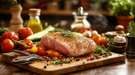 A rustic kitchen scene with a whole pork tenderloin being seasoned and prepared on a wooden countertop, with fresh vegetables and cooking utensils nearby.の素材