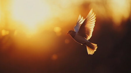 A serene photo of a bird flying close to a sunset or sunrise, with warm, golden hues highlighting the silhouette of the bird and creating a peaceful atmosphere.の素材
