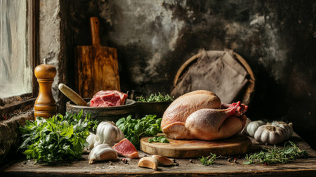 A rustic kitchen scene with a raw whole chicken and various cuts of meat on a wooden table, with fresh herbs, garlic, and a rolling pin nearby.の素材
