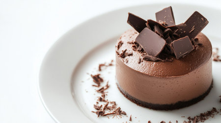 A rich chocolate mousse cake with a glossy finish and chocolate shavings, presented on a white plate for a clean, elegant presentation against a white background.の素材