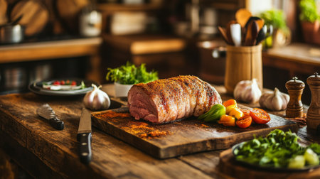 A rustic kitchen scene with a whole pork tenderloin being seasoned and prepared on a wooden countertop, with fresh vegetables and cooking utensils nearby.の素材