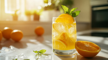 A refreshing glass of freshly squeezed with ice cubes, garnished with a slice of orange and a mint sprig, set on a bright, sunlit kitchen counter.の素材