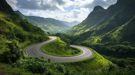 A scenic highway winding through mountainous terrain, with lush greenery and dramatic landscapes visible along the route.の素材
