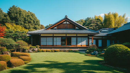 A serene image of a traditional Japanese house with a sloping roof, sliding shoji doors, and a beautifully manicured garden, set against a clear blue sky.の素材