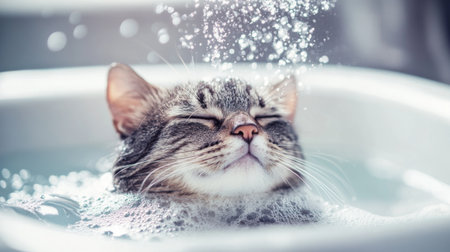 A serene image of a cat calmly sitting in a bath, with a gentle stream of water flowing over it and bubbles forming around its fur, emphasizing a peaceful bathing experience.の素材