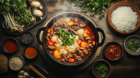 A rustic dining scene featuring a large hot pot filled with assorted ingredients, with a side of rice, dipping sauces, and a warm ambiance perfect for a group meal.の素材