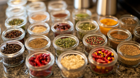 A variety of chili peppers and spices in small glass jars, arranged neatly on a kitchen counter, emphasizing their role in flavoring dishes.の素材