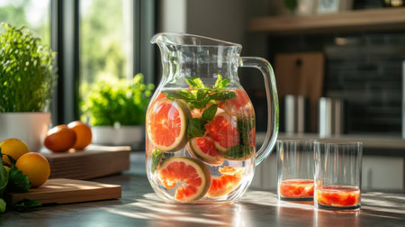 A stylish glass pitcher with a refreshing fruit-infused beverage, poured into matching glasses, displayed on a modern kitchen counter with natural light.の素材