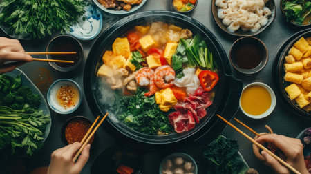 A steaming hot pot filled with vibrant vegetables, seafood, and meat, placed on a table surrounded by dipping sauces, fresh herbs, and chopsticks.の素材