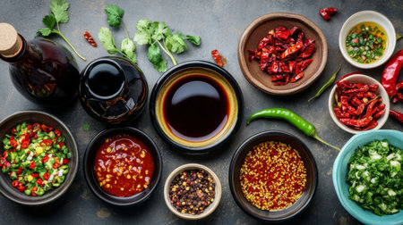 A top-down view of a table filled with chili sauce bottles, soy sauce, and fish sauce, arranged neatly with bowls of fresh chopped chilies on the side.の素材