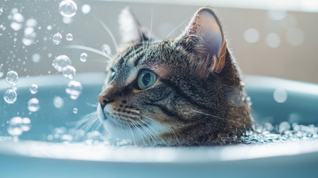 A serene image of a cat calmly sitting in a bath, with a gentle stream of water flowing over it and bubbles forming around its fur, emphasizing a peaceful bathing experience.の素材