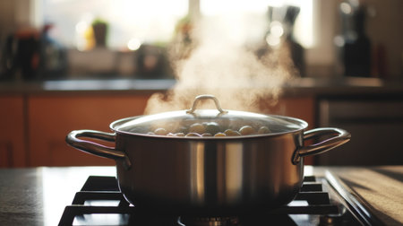 A steaming pot of soup on a stove, with visible steam rising from the lid, set against a clean kitchen background to highlight the warmth and freshness.の素材