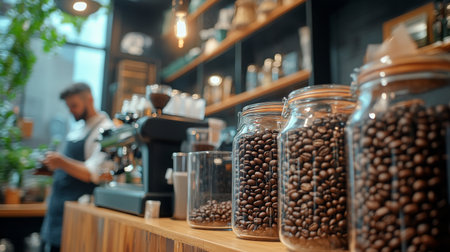 A stylish cafe interior with jars of coffee beans on display, a barista preparing espresso in the background, and a focus on the coffee beans in the foreground.の素材