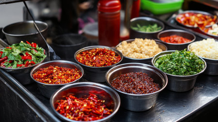 A street food stall displaying various chili condiments in small bowls, with crushed chilies, chili paste, and soy sauce, ready for customers to add to their meals.の素材