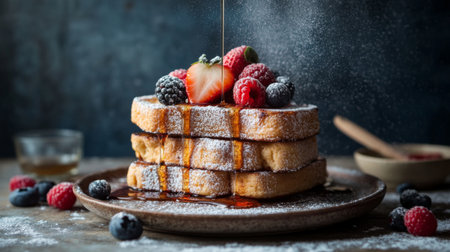 A stack of French toast slices dusted with powdered sugar and topped with fresh berries and a drizzle of maple syrup, served on a rustic ceramic plate.の素材