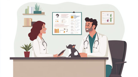 A veterinarian educating a pet owner about pet nutrition, with informative brochures and a chart on a desk, showing a professional and informative interaction.の素材