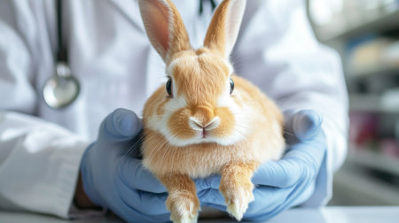A veterinarian performing a routine check-up on a rabbit, with the animal comfortably held in the vet hands and a bright, clean clinic environment in the background.の素材