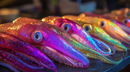 A vibrant, colorful display of squid caught and laid out on a table, with their glossy, translucent skin shining under natural light.の素材