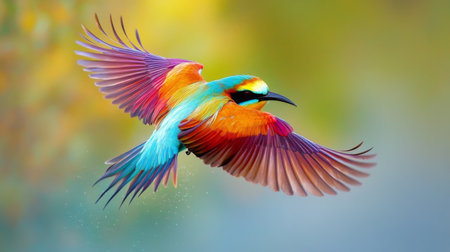 A vibrant image of a colorful bird in flight, with its vivid feathers contrasting against a natural backdrop, highlighting the beauty and vividness of the bird.の素材