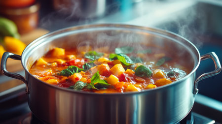 A vibrant curry simmering in a pot, with rich colors and aromatic spices visible, steam rising from the dish, set against a bright kitchen backdrop.の素材