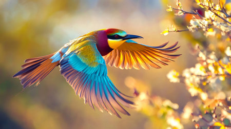 A vibrant image of a colorful bird in flight, with its vivid feathers contrasting against a natural backdrop, highlighting the beauty and vividness of the bird.の素材