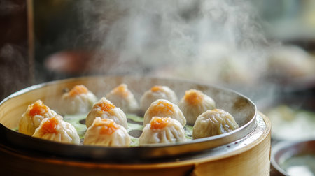 A vibrant close-up of a bamboo steamer filled with steaming (dim sum) and (bao buns), showcasing their delicate textures and savory fillings.の素材