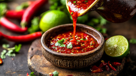 A vibrant chili sauce being poured into a small dish, with fresh chilies, lime, and coriander in the background, creating a spicy and flavorful condiment spreadの素材