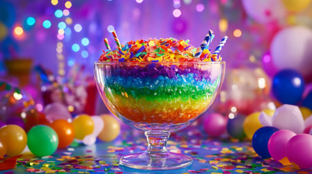A vibrant image of a glass bowl filled with a rainbow of placed on a table with party decorations, capturing the joyful and festive atmosphere.の素材